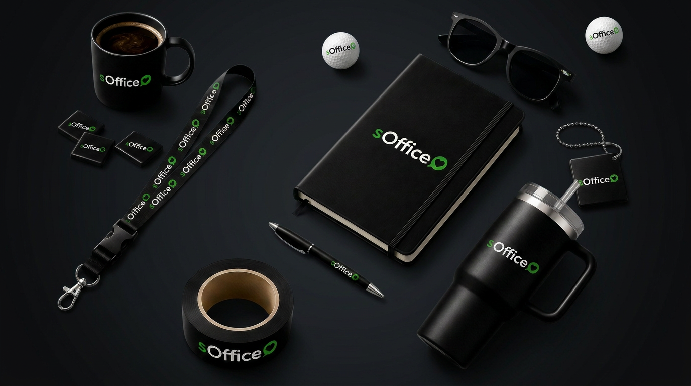sOffice profilprodukter – mugg, nyckelband, anteckningsbok, penna och termos med ert tryck